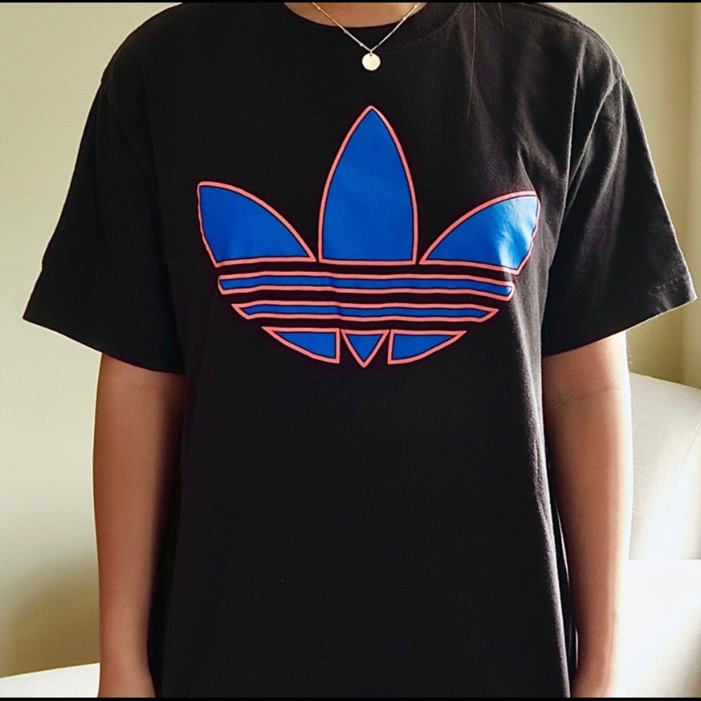 Adidas Blue & Orange Trefoil Logo Black T Shirt